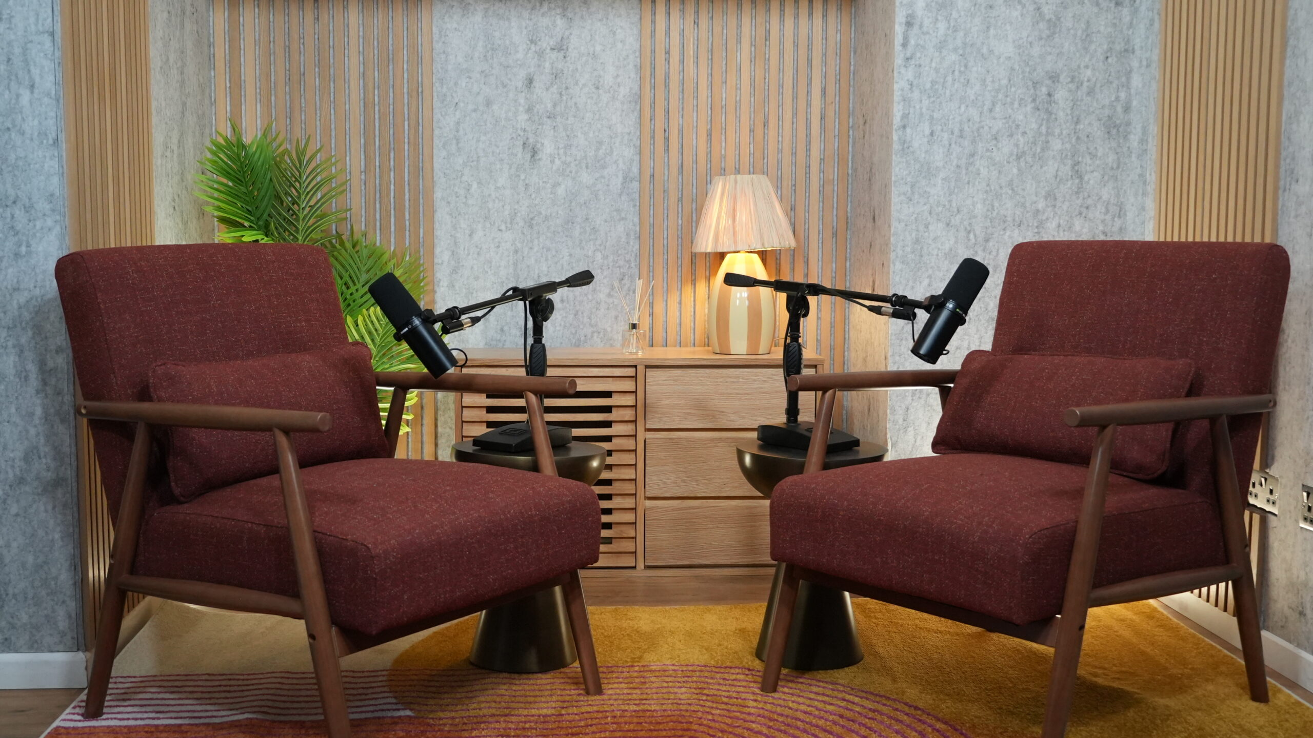 Premiere Podcast Studios_Fireside_Dark Red Chairs